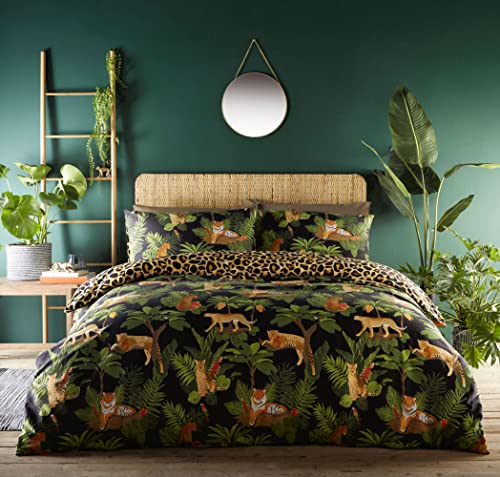 ® Parure de lit motif jungle, feuilles de palmier, fougère, tigre, guépard, léopard (King)