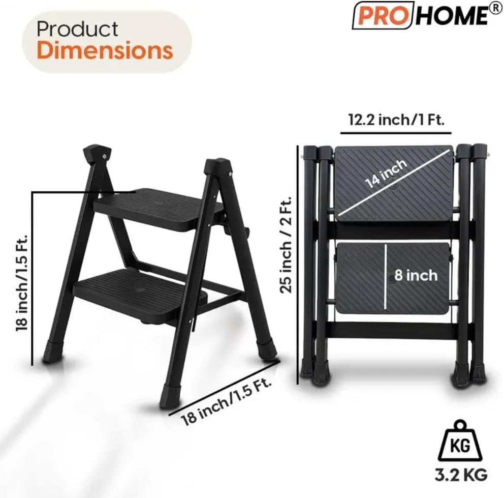 2-Step Steel Folding Ladder| Lightweight | Portable & Durable | Anti-Slip Steps | Compact Utility Ladder for Home | Kitchen & Office (Black)