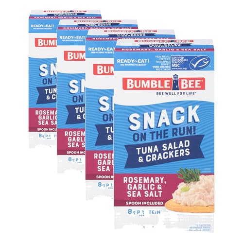 Image of Bumble Bee Snack On The Run Rosemary, Garlic, & Sea Salt Tuna Salad with Crackers Kit - Ready to Eat Protein Snack Pack - 8g Protein per Box - Wild Caught MSC Certified Tuna (Pack of 4)
