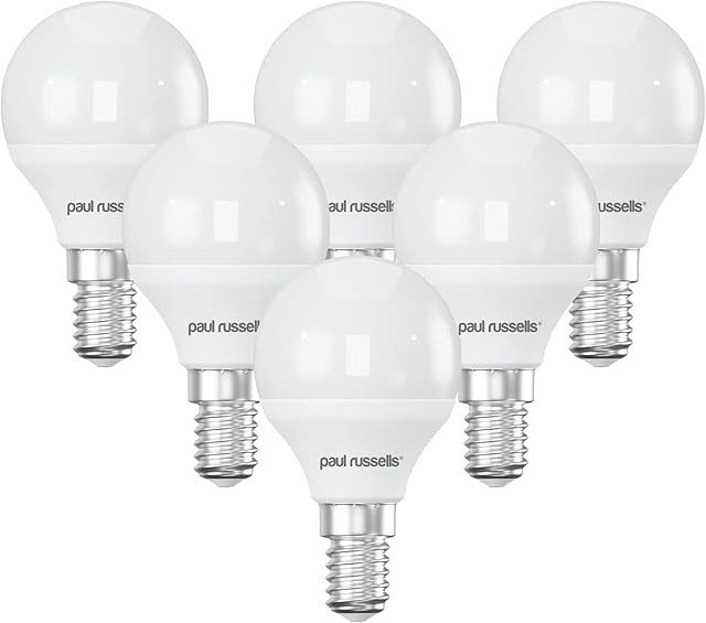 paul russells Small Edison Screw Light E14, 60W Equivalent Bulb, Warm White 3000K Lamps, 7W 600lm LED Bulbs, Round SES G45 Golf Energy Saving Lightbulbs, Non-Dimmable, Pack of 6