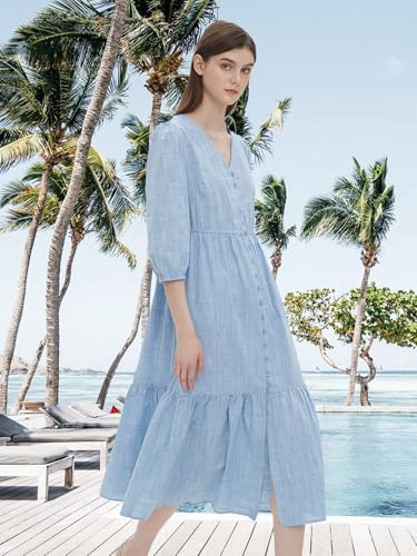 Image of D-Sun Women's V Neck 3 /4 Sleeve Maxi Dress Casual Button Down Tiered Ruffled Flowy Fall Long Dresses