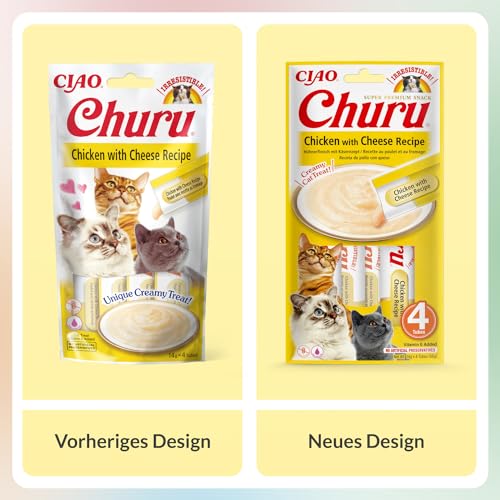 INABA Churu Püree Katzen-Leckerli - Katzenpaste zum Füttern aus der Hand - Köstliche Katzensnacks zum Schlecken - Katzensticks mit Hühnchen und Käse - 1 Packung / 4 Sticks, 14 g (4er Pack)
