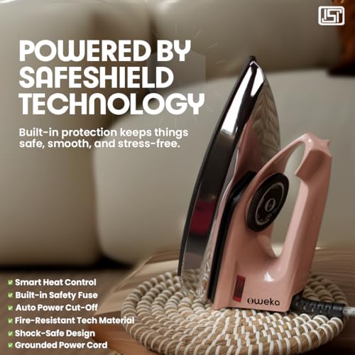 Image of Nero 1000 Watt Dry Iron for clothes with German Coating Technology, Non Stick Soleplate coating | 5 level safety| Anti-Bacterial Coating, 2 Years Replacement Warranty (Peach)
