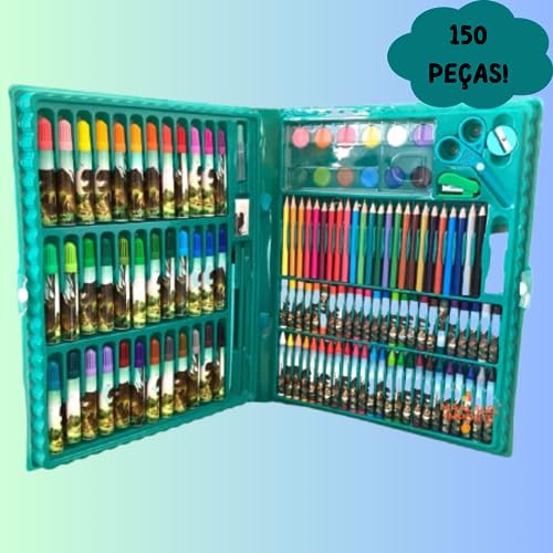 Estojo Completo De Pintura Infantil Com 150 Peças + 30 Desenhos Kit Escolar Maleta Presente Criança