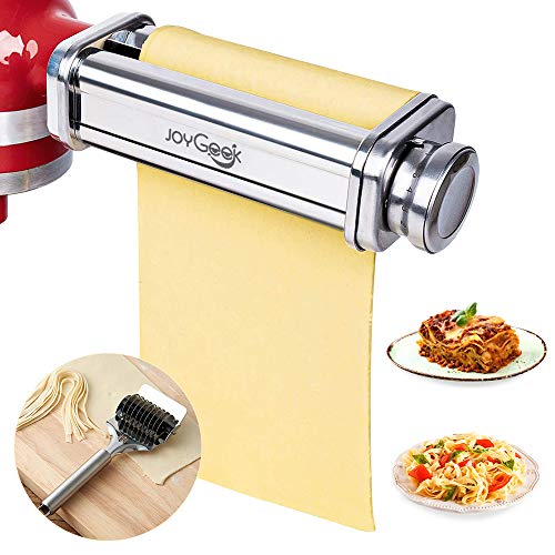JoyGeek Pasta Roller Sheet Attachment for KitchenAid Stand Mixer Stainless Steel Pasta Maker Accessories with Noodle Lattice Roller and Cleaning Brush for Ravioli Lasagna