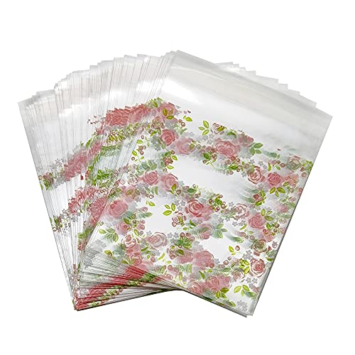 YDHfdc 200 Pcs Patrón de Rosas Bolsas de Celofán Transparente 100 * 100 mm Bolsa de Plastico Autoadhesivo para Galletas, Chocolate, Dulces Envoltura de Regalos Cover