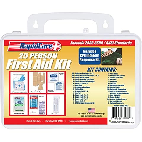 Rapid Care First Aid 8025-09-1P 25 Person OSHA / ANSI 2009 Compliant Poly First Aid Kit, 169 Pieces, Wall Mountable, White Cover