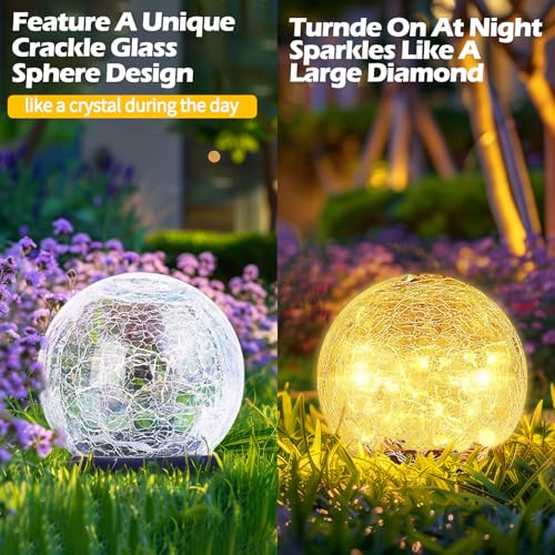 Coroor Garden Solar Lights Outdoor, 2 Pack 60 LED Crack Glass Ball Solar Garden Lights, Waterproof Solar Ground Lights for Walkway Garden, Yard, Lawm, Outdoor Decoration(Warm White, 5.9 Inch)