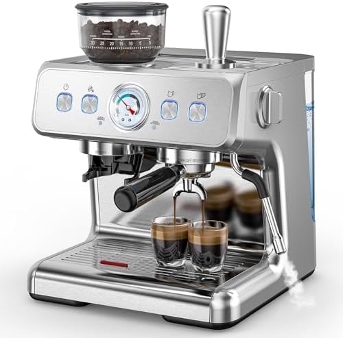 COWSAR Commercial Espresso Machine 15 Bar, Semi-Automatic Espresso Maker with Bean Grinder & Milk Frother Steam Wand, Removable Water Reservoir, Self-Cleaning, Ideal for Cappuccino, Stainless Steel