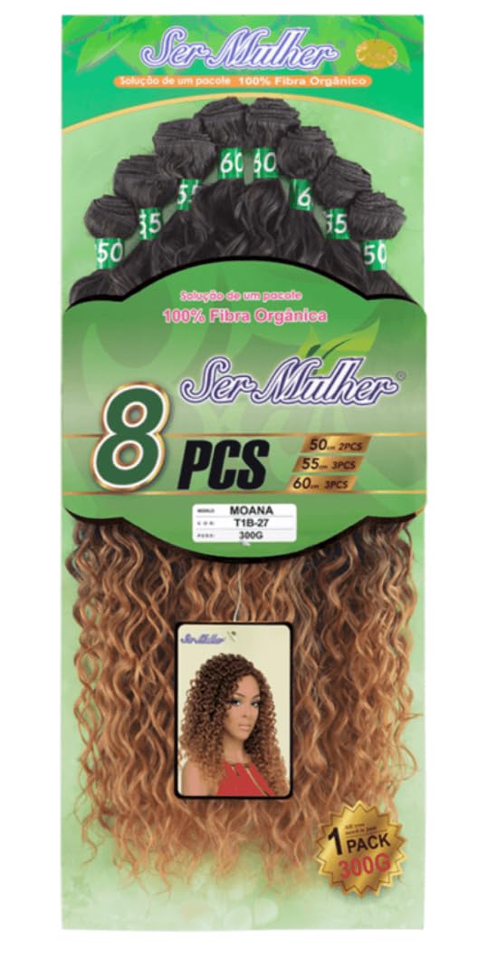 Ser Mulher MOANA Extensiones de Cortina cosida Pelo Rizado en Bioproteína 300 gr 8 Cortinas (T1B-27 Negro/Rubia miel Degradado)