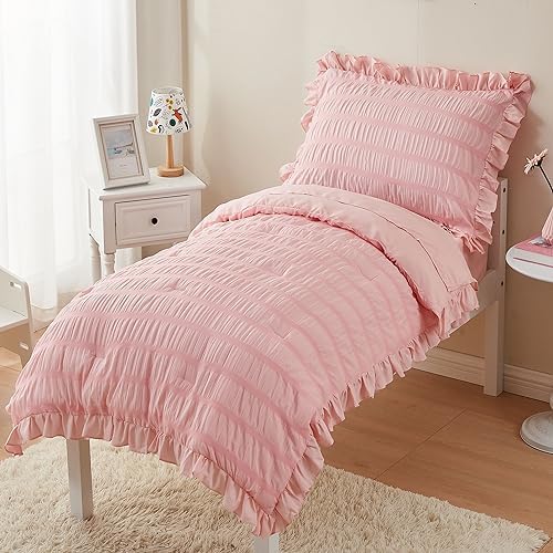 Toddler Bedding Set for Girls 4-Piece Pink Seersucker Toddler Comforter Set Ruffle Fringe Bed-in-a-Bag Quilt Toddler Bed Sheet Set for Kids with Comforter, Flat Sheet, Fitted Sheet, Pillowcase