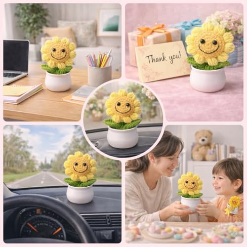 Image of 13CM Height Handmade Crochet Smiling Flower Pot for Home & Office Decor, Cute Aesthetic Desk Showpiece, Positive Vibes Table Decor, Thoughtful Gift for Friends & Loved Ones (Light Yellow)