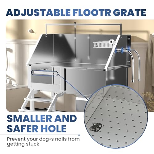 Image of 46 inch Dog Washing Station, Professional Stainless Steel Dog Bathtub w /Ramp & Storage Drawer, Adjustable Grate, Non-Slip Design, Perfect for Home Grooming & Large Dogs (46 inch Left Stair)