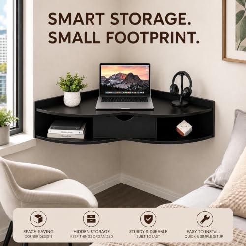 Image of Basicwise Wall Mounted Folding Desk with Drawer & Shelves - Fold Down Table