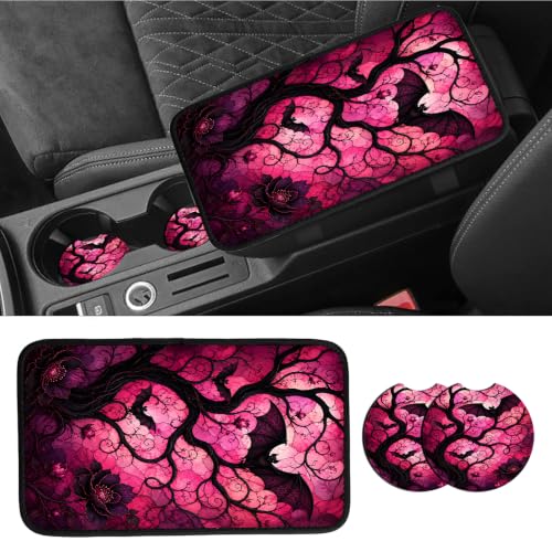 JANENFNA Pink Bat Moon Tree Halloween Car Armrest Cover with 2 Coasters