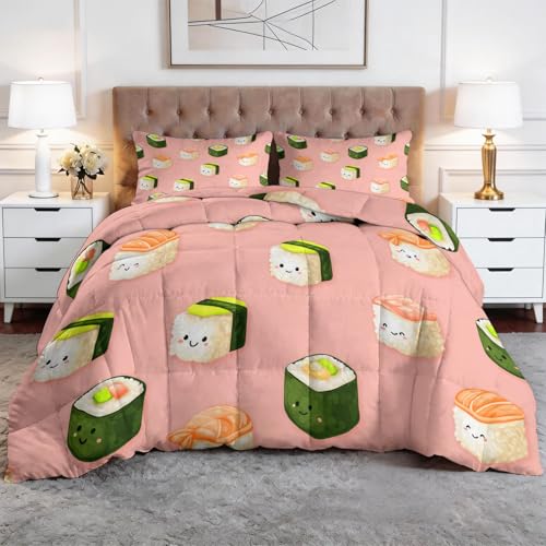 Edredón nórdico nórdico nórdico de dibujos animados lindo Sushi 200 x 200 cm, comida colcha reversible, color rosa, juego de cama – sofá de aire acondicionado, edredón suave y transpirable