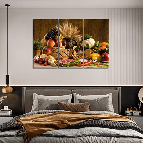 First Wall Art - Brown Fresh Food Grape Apple Fruit In Basket Bread Onion Little Tomato Sweet Pepper Cauliflower Wheat Gather On The Table Wall Art Painting Print On Canvas Food Pictures For Home #TOP3