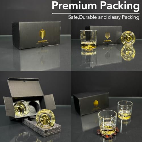 Image of Melbify Gold Opera Whiskey Glass Gift Set | 2 pcs Set | 300 ml | Premium Packing | Gift Box | Gold-Bottomed | Imported | Luxurious | Ideal for Wedding Gifts, Anniversary, VIP and Corporate Gifts