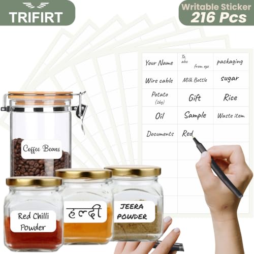 Image of Trifirt 216 Pcs Pearl White Writable Labels with Black Marker | Self Adhesive Removable Stickers | Jar & Bottle Labels for Mason Jars, Glass Bottles, Kitchen Containers | Rectangle