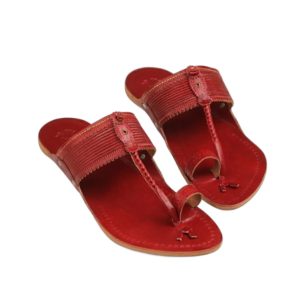 Veer Men's Kolhapuri Chappal for Men | Genuine Leather Handmade GI-Tagged Ethnic Sandals | Red Flat Slippers for Casual & Office-image-21