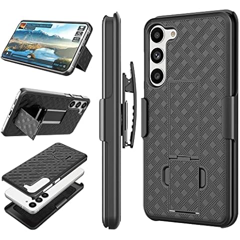 Tiflook Galaxy S23 Case with Kickstand & Belt Clip Holster, Heavy Duty Shockproof Armor Protective Rugged Woven Pattern Hard Plastic Phone Cover for Samsung Galaxy S23 6.1" 2023, Black Cover