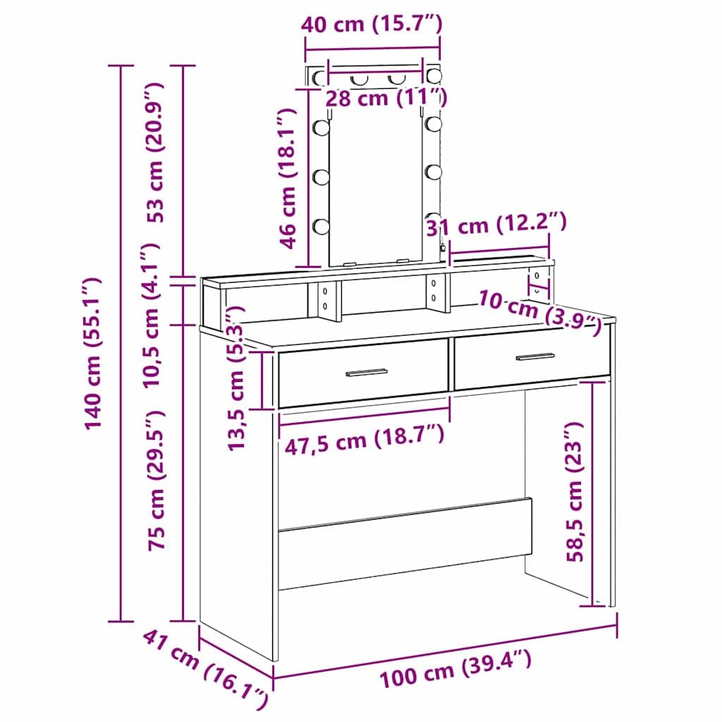 vidaXL Schminktisch Grau 100 x 41 x 140 cm Holzwerkstoff | Der moderne grau sonoma Look passt in jeden Raum, Hollywood-Lichter für perfektes Makeup,