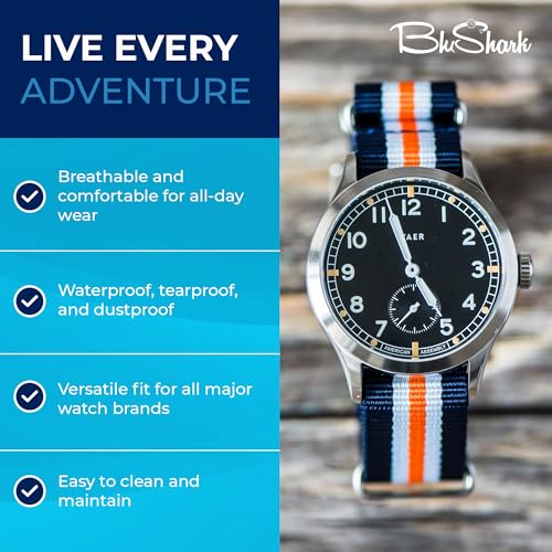 Image of BluShark - Original Collection Military-Style Waterproof Watch Strap, Fits All Timepiece Brands, Durable Nylon Wristwatch Accessories with Stainless Steel Buckle - 18mm, 20mm, 22mm & 24mm Watch Bands