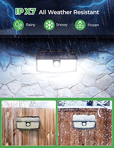LITOM 300 LED Solar Motion Sensor Lights Outdoor, IP67 Waterproof Solar Powered Security Lights Wireless Solar Wall Lights with 3 Modes for Garden Patio Yard Deck Garage Fence Pool - Cold White 2 Pack