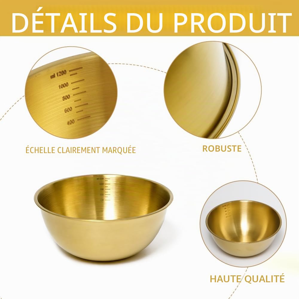 8 Pièces Doré Bol Inox 19 x 8 cm, avec 1.2L Échelle, pour Salades | Doré Saladier en Acier Inoxydable, Empilable, Grande Capacité, Bol Mélanger Doré, pour Salades, Fruits, Soupes, Nouilles, Riz