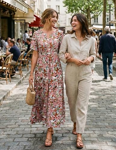 Image of ZESICA Women's 2026 Summer Spring Floral Boho Maxi Dresses Casual Short Sleeve V Neck A Line Flowy Beach Vacation Dress