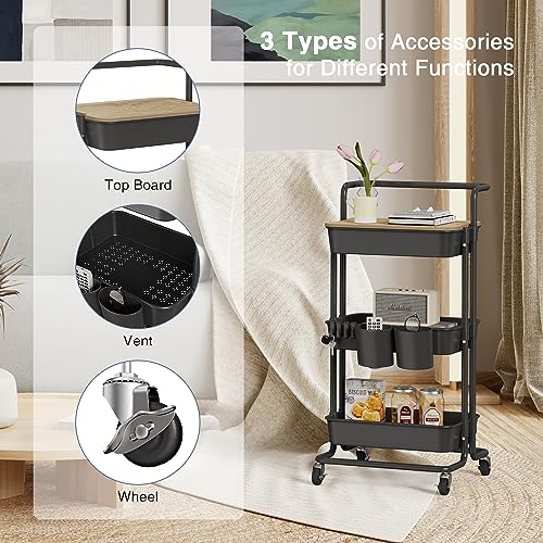 Image of DTK 3 Tier Rolling Cart Uility Cart with Cover Board, Mobile Storage Cart with Wheels, Cups, Hooks for Office Utility Kitchen Bathroom Homeschool Art Craft Postpartum Teacher Cart Organizer(Black)
