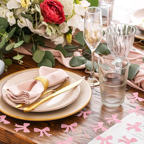 Image of Dunzoom 300 Pcs Pink Bow Bachelor Party Confetti She's Tying the Knot Confetti Table Decorations Glitter Pink Coquette Bow for Girls Birthday Party Bridal Shower Wedding Supplies