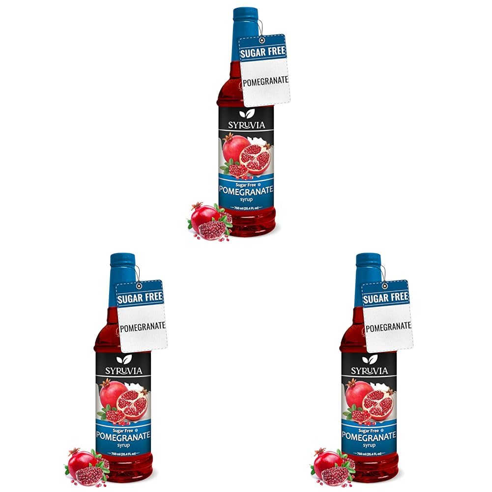 Syruvia Sugar-Free Pomegranate Syrup - 25.4 fl oz. Premium Flavoring Syrup. 0 Calories, Kosher, and Gluten-Free. Ideal for Enhancing Tea, Italian Sodas, Beverages, Desserts, Ice Cream, Cocktails, and Mocktails.