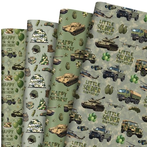 Joviwrap Military Birthday Wrapping Paper 12 Sheets, Army Wrapping Paper Camouflage Themed Gift Wrap with Tank, Helicopter, Camo Cake Prints for Birthday Gift Packaging, 20"×28"