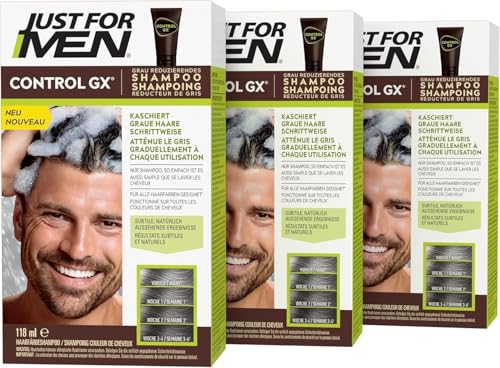 Just For Men Control GX, Shampoo E Tintura Per Capelli Bianchi Da Uomo, Con Olio Di Cocco E Aloe Vera, Per Tutte Le Tonalità, 118 ml (confezione da 3)