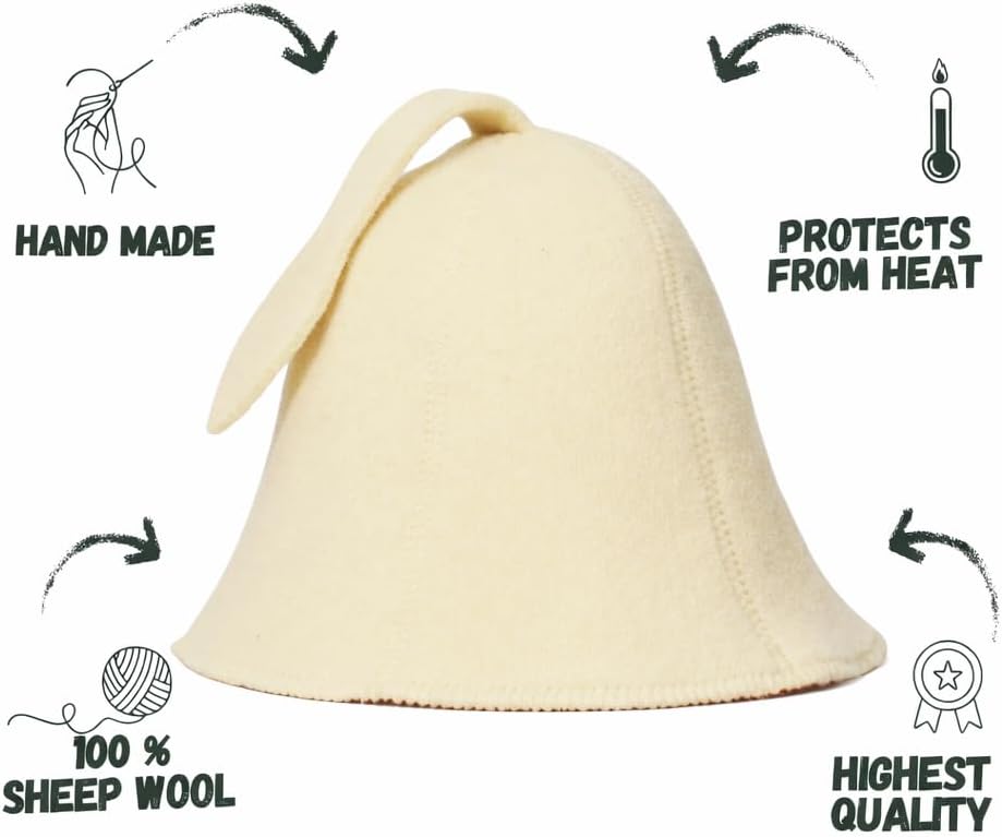 White Sauna Hat -100% Organic Wool Felt Hats for Russian Banya - Protect Your Head from Heat - English Sauna eBook Guide Included