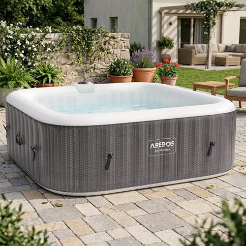 Arebos Spa Whirlpool 2400W | In-Outdoor Pool | für 6 Personen 185x185cm | 130 Massagedüsen | 910 L mit Heizung | Aufblasfunktion per Knopfdruck | Inkl. Abdeckung | Bubble Spa & Wellness Massage