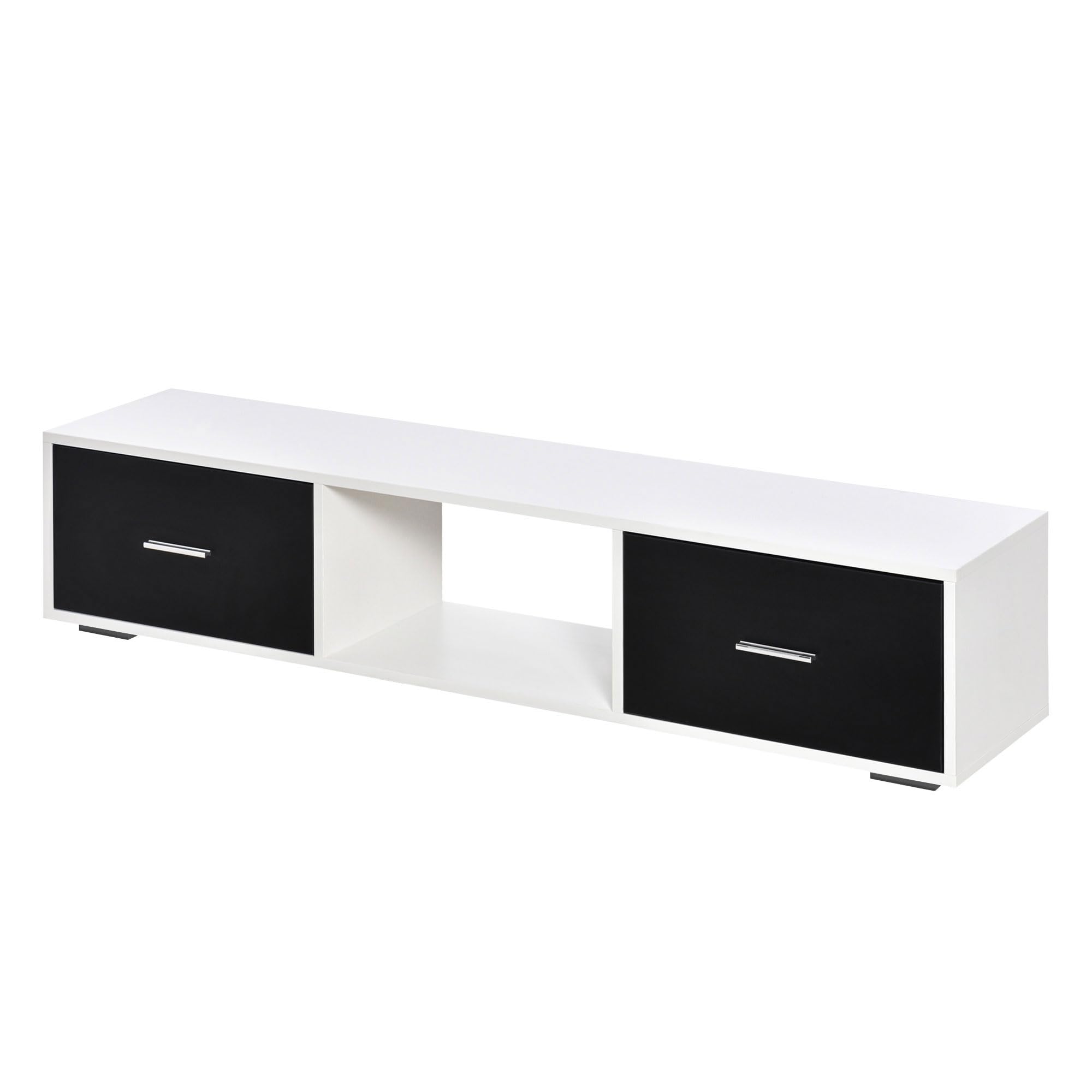 HOMCOM Mueble de TV para 60" con 2 Cajones 140x30x32 cm Blanco y Negro | Mesa para TV de Salón, Estilo Moderno, Compartimento Abierto