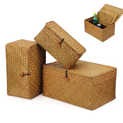 Cestas de Mimbre con Tapas, Paquete de 3 Cestas de Mimbre con Tapas, Contenedores de Almacenamiento de Hierba Marina Tejidos a Mano, para Cocina, Organizador de Escritorio y Hogar(S, M, L)