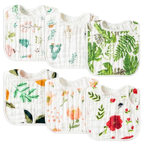 Image of Zainpe 6Pcs Snap Muslin Cotton Baby Bibs Summer Cactus Patterns Infants Drooling Bib, Soft Absorbent Adjustable Burp Cloths for Newborns Girls Boys Toddlers Teething Eating Feeding 0 to 36 Months