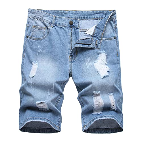 Men's Tear Casual Short Jeans Classic Fit Ripped Jean Shorts Unisex Hot Jeans Big and Tall (Light Blue,Small)