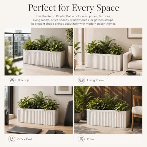 Image of Go Hooked Rectangular Planter Pot (24x12) Inch | Marble White Ribbed Design Plastic Flower Pot for Indoor Outdoor Balcony Garden Window Railing Patio | Polymer Decorative Plant Container