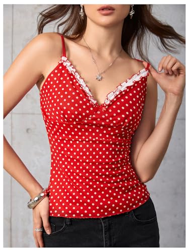 Women's Polka Dots Cami Tops Coquette Mesh Lace Trim V Neck Ruffle Hem Camisole Spaghetti Strap Y2k Tops4