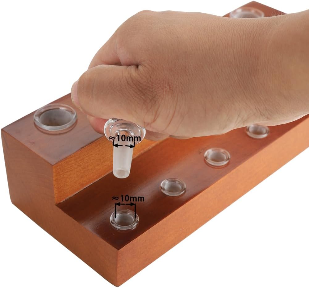 HUIZHU Wooden Slide Stand holder with Female Quartz Glass adaptor for holding 14mm 18mm 10mm glass tubes(square-18mm x 5 + 10mm x 6)