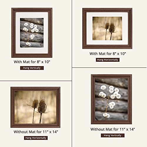 GraduationMall 11x14 Wooden Picture Frames,Display Photos 8x10 with Mat or 11x14 Without Mat,UV Protection Acrylic,Wall or Tabletop Display,Rustic Brown Set of 2