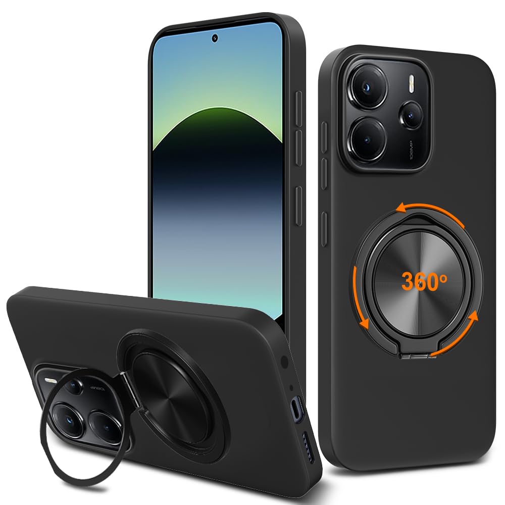 Compatible for Xiaomi Redmi Note 14 4G Phone Case, 360° Rotatable Ring Holder Kickstand/Stand Silicone TPU Slim fit Shockproof Protective Cover Case for Xiaomi Redmi Note 14 4G 2025 - Black