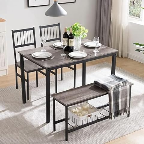 Keainvren 43'' Kitchen Table with 2 Chairs and 1 Bench Dining Table Set for 4 with Storage Rack for Kitchen,Dining Room, Breakfast Nook,Apartment,Small Space,Yard (Style E) Cover