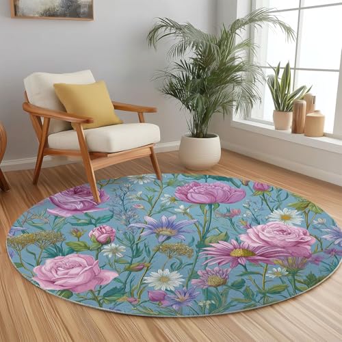 Tapis salon bleu rond 100 cm style champêtre à fleurs rose lavable