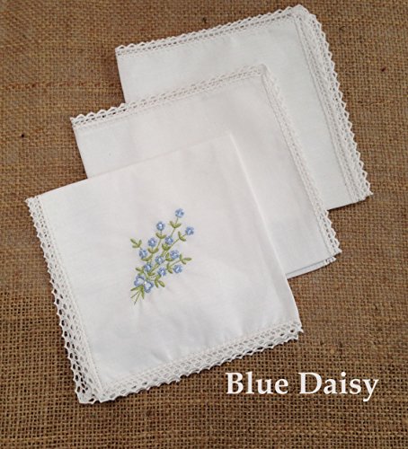 Pack of 3 Beautiful 100% Cotton Ladies Handkerchiefs with Fine Crochet Border (Blue Daisy)