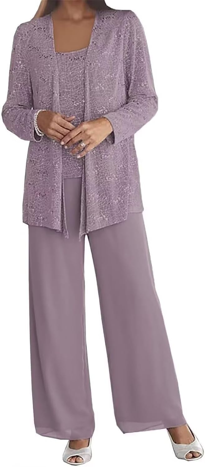 ManDu 3 Pieces Lace Mother of The Bride Pant Suits for Wedding Formal Outfit Dressy Women's Jumpsuit